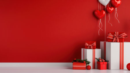 A vibrant red wall serves as the backdrop for beautifully wrapped holiday gifts and colorful heart balloons, creating a festive atmosphere perfect for celebrations.の素材