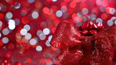 A stunning close-up of a red gift featuring a sparkling bow, set against a vibrant bokeh backdrop. This image captures the essence of holiday cheer, perfect for seasonal promotions.の素材