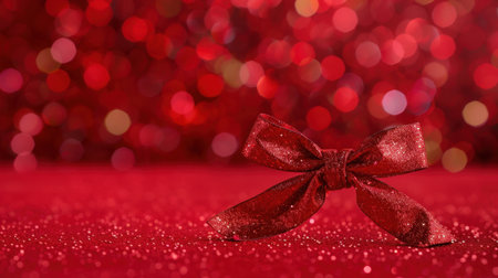 A stunning close-up of a sparkling red bow set against a vibrant red background. This image captures the essence of festive celebrations, ideal for gift wrapping and holiday decorations.の素材