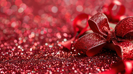 A close-up view of a beautifully wrapped gift box adorned with a glittery red bow, set against a sparkling red glitter background, perfect for holiday themes.の素材