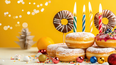 A vibrant and cheerful birthday scene featuring an assortment of delicious donuts, colorful candles, and playful decorations on a bright yellow backdrop.の素材