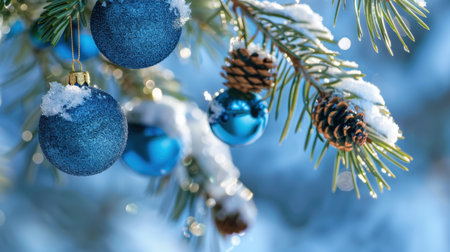 A picturesque winter scene featuring beautiful blue ornaments hanging from a snowy pine tree branch. The subtle sparkle of frost complements the natural beauty, creating a serene and festive atmosphere ideal for holiday celebrations.の素材