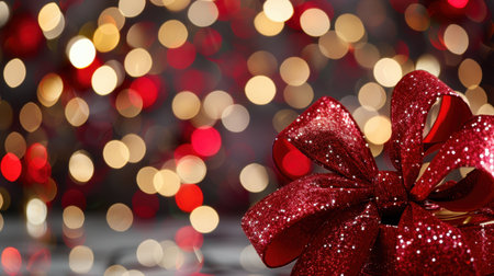 A vibrant red gift bow adorned with glitter captures the essence of festive joy against a backdrop of colorful, blurred Christmas lights, perfect for holiday themes.の素材