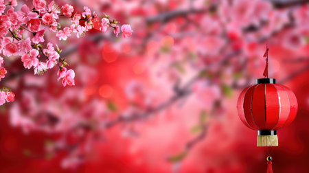 This enchanting image features a bright red lantern hanging next to delicate pink blossoms, set against a soft blurred background, creating a festive atmosphere.の素材