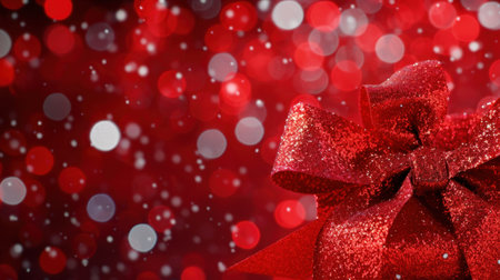 A stunning close-up of a glittering red bow on a gift box, set against a dreamy backdrop of soft bokeh lights in festive colors, creating a joyous holiday atmosphere.の素材