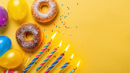 A vibrant celebration scene featuring colorful donuts, candles, balloons, and confetti arranged on a bright yellow background, perfect for party themes.の素材