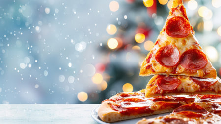 A mouthwatering artistic representation of a stacked pepperoni pizza slice set against a whimsical holiday background with soft snowflakes and glowing bokeh lights.の素材