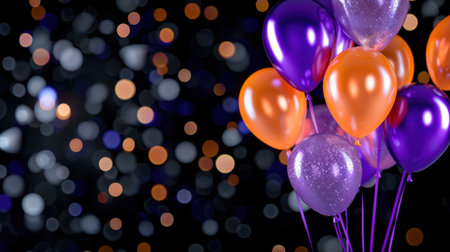 A vibrant arrangement of orange and purple balloons set against a blurred bokeh background, creating a festive atmosphere perfect for celebrations and events.の素材