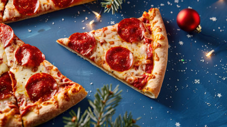 A mouthwatering slice of pepperoni pizza set against a blue background, adorned with festive holiday decorations, perfect for winter celebrations.の素材