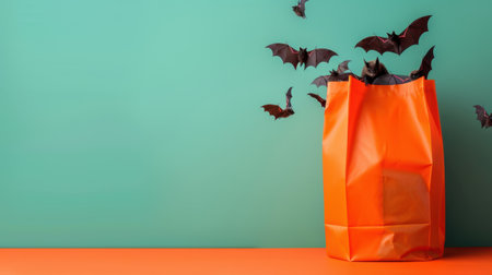 This vibrant image features an orange bag with flying bats against a teal background, perfect for Halloween-themed celebrations and decorations.の素材