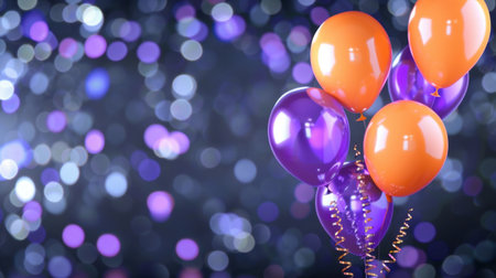A stunning image featuring vibrant balloons in orange and purple against a sparkling bokeh background, perfect for enhancing any celebration theme or event.の素材