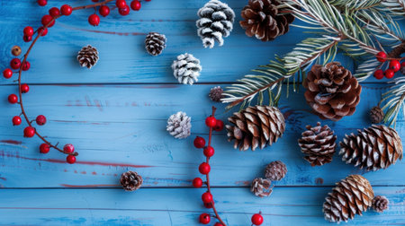 A beautiful, festive winter arrangement featuring pinecones, bright berries, and evergreen branches on a rustic blue wooden background. Perfect for seasonal designs.の素材