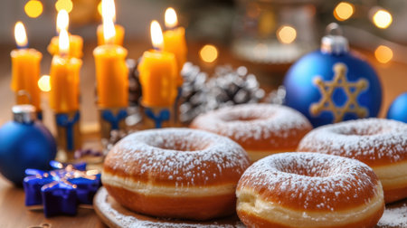 A delightful arrangement of fresh donuts dusted with powdered sugar, surrounded by festive candles and colorful ornaments, perfect for holiday gatherings.の素材