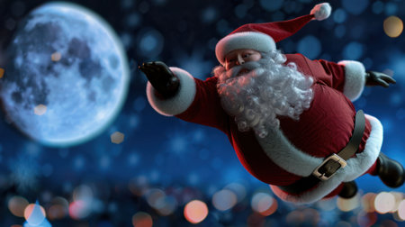 A whimsical portrayal of Santa Claus flying through a starry night, bringing holiday cheer and magic to the season. The moonlit backdrop enhances the festive atmosphere, perfect for Christmas themes.の素材