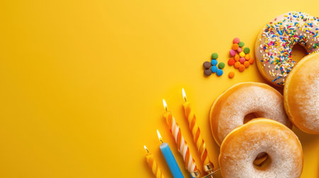 This vibrant image features colorful donuts and festive candles, perfect for a birthday celebration. The bright yellow background adds a cheerful ambience, perfect for party themes.の素材