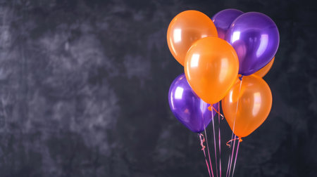 A stunning arrangement of vibrant orange and purple balloons set against a dark background, perfect for adding festive flair to any celebration or special event.の素材