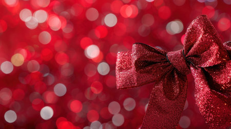 A close-up of a sparkling red bow set against a blurred background of glittering lights. This festive image captures the essence of holiday celebrations and elegant gift wrapping.の素材