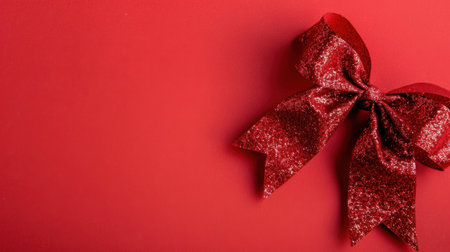 A vibrant red bow adorned with glitter rests on a matching red background. This striking image captures the essence of festive cheer and creativity. Perfect for holiday themes!の素材
