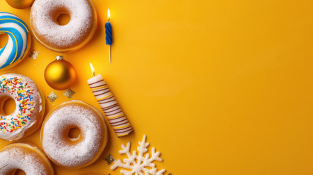 A vibrant arrangement of delightful donuts with colorful sprinkles and birthday candles on a cheerful yellow background, perfect for celebrations.の素材