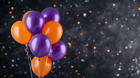 A stunning arrangement of purple and orange balloons floating against a dark backdrop sprinkled with bokeh lights, ideal for festive celebrations and events.の素材