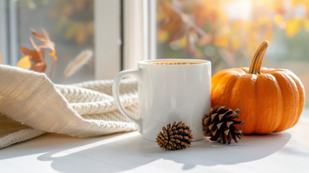 A serene autumn scene featuring a white coffee mug beside a vibrant pumpkin and pinecones, bathed in warm natural light for a cozy atmosphere.の素材