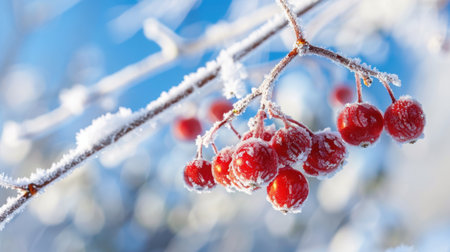 Captivating close-up of frosty red berries clinging to a snowy branch, showcasing winter's beauty against a clear blue sky, evoking a tranquil scene.の素材