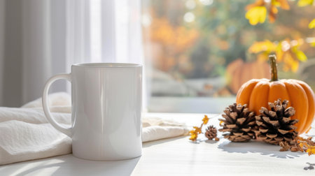 A cozy autumn scene featuring a white coffee mug beside a pumpkin and pinecones. Soft natural light filters through the window, enhancing the serene atmosphere.の素材