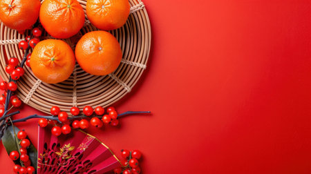 A vibrant arrangement of fresh oranges on a round plate, complemented by decorative elements against a red background, symbolizing joy and celebration.の素材