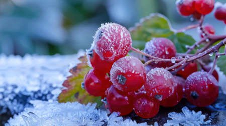 A stunning close-up of vibrant red berries adorned with frost, resting on a leafy background in a serene winter setting, capturing nature's beauty.の素材