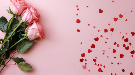 A beautiful arrangement of delicate pink roses lies next to a scattering of vibrant red heart confetti on a soft pink background, perfect for romantic themes.の素材