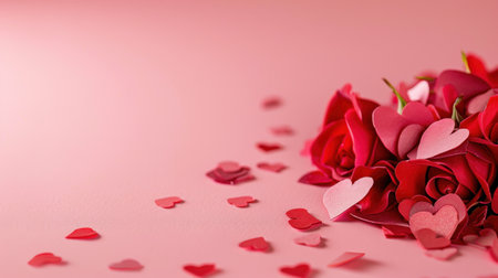 This stunning image showcases a beautiful arrangement of vibrant red roses accompanied by delicate paper hearts on a soft pink background, perfect for evoking romance and joy.の素材