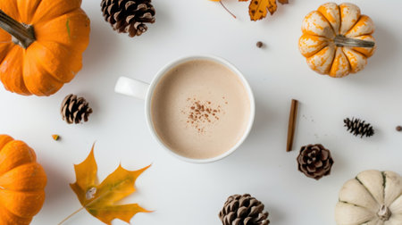 A cozy autumn beverage setting featuring a cup of warm drink surrounded by vibrant pumpkins and pine cones, perfect for fall themed displays.の素材