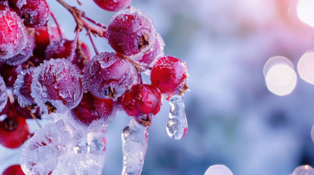 This close-up photo showcases stunning red berries adorned with frost and ice in a winter setting, capturing the beauty of nature during cold months.の素材
