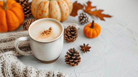This cozy autumn still life features a warm drink in a mug surrounded by pumpkins, pine cones, and a knitted sweater, evoking fall comfort and relaxation.の素材