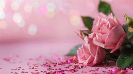 A stunning arrangement of soft pink roses lies gracefully on a pink surface, surrounded by shimmering heart confetti and dreamy bokeh lights, perfect for romantic themes.の素材