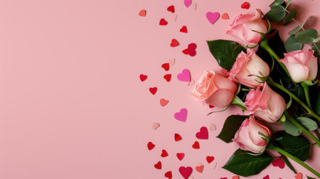 A stunning display of pink roses accompanied by heart-shaped confetti against a pastel pink background, perfect for expressing love and celebration.の素材