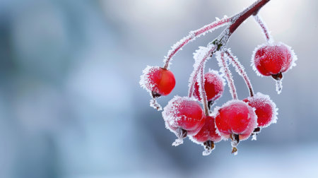 A close-up of frosty red berries on a delicate branch, beautifully showcasing the essence of winter and nature's stunning details in a serene environment.の素材