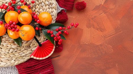 This lively composition features oranges and red berries arranged with decorative elements on a rustic background, evoking warmth and celebration.の素材