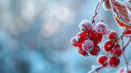 Captivating close-up of frosted red berries clinging to a branch during winter, showcasing intricate frost details against a dreamy blue background.の素材