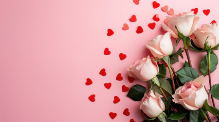 A beautiful arrangement of delicate pink roses surrounded by small red heart shapes on a soft pink background, perfect for romantic occasions and celebrations.の素材