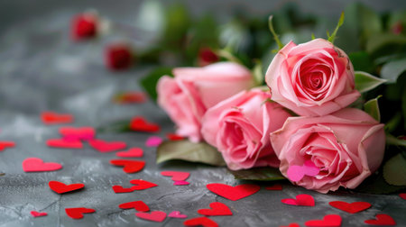 A beautiful composition featuring delicate pink roses placed artistically among vibrant heart-shaped confetti on a subtle gray background, perfect for romantic themes.の素材