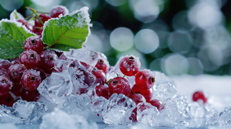 Vibrant red berries rest amidst glistening ice cubes, accented by frosty leaves. This captivating image evokes freshness and winter's beauty, perfect for seasonal themes.の素材