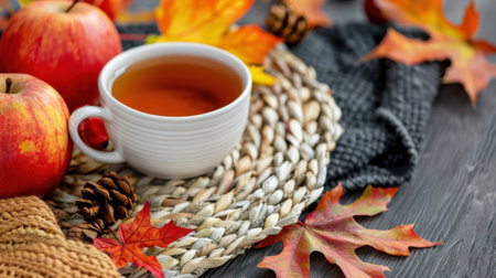 A charming autumn setup featuring a warm cup of tea beside fresh apples and colorful leaves. Perfect for evoking seasonal comfort and relaxation.の素材