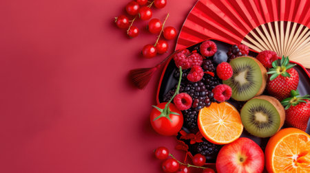 A vibrant arrangement of fresh fruits including kiwi, strawberries, oranges, and cherries displayed artistically on a red background with an elegant fan.の素材
