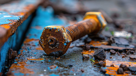 This close-up image showcases a rusty bolt resting on a weathered metal surface, revealing vivid colors and intricate textures. Ideal for industrial-themed projects.の素材