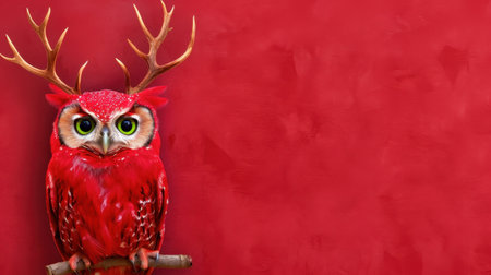 A captivating image features a vibrant red owl adorned with antlers, contrasting beautifully against a rich red background. Ideal for creative projects.の素材