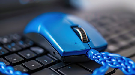 A close-up image of a blue computer mouse tied with a chain to a laptop keyboard, symbolizing cybersecurity and the importance of safeguarding digital assets.の素材