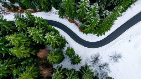 This stunning aerial view captures a winding road meandering through a lush green forest contrasted with patches of snow, showcasing winter's beauty.の素材