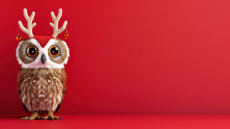 This whimsical owl features playful antlers adorned with ornaments, set against a vibrant red background, perfect for festive themes and holiday cheer.の素材