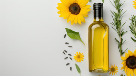 A vibrant arrangement featuring a bottle of sunflower oil alongside fresh sunflowers, aromatic herbs, and sunflower seeds on a light background. Perfect for culinary, health, and lifestyle themes.の素材